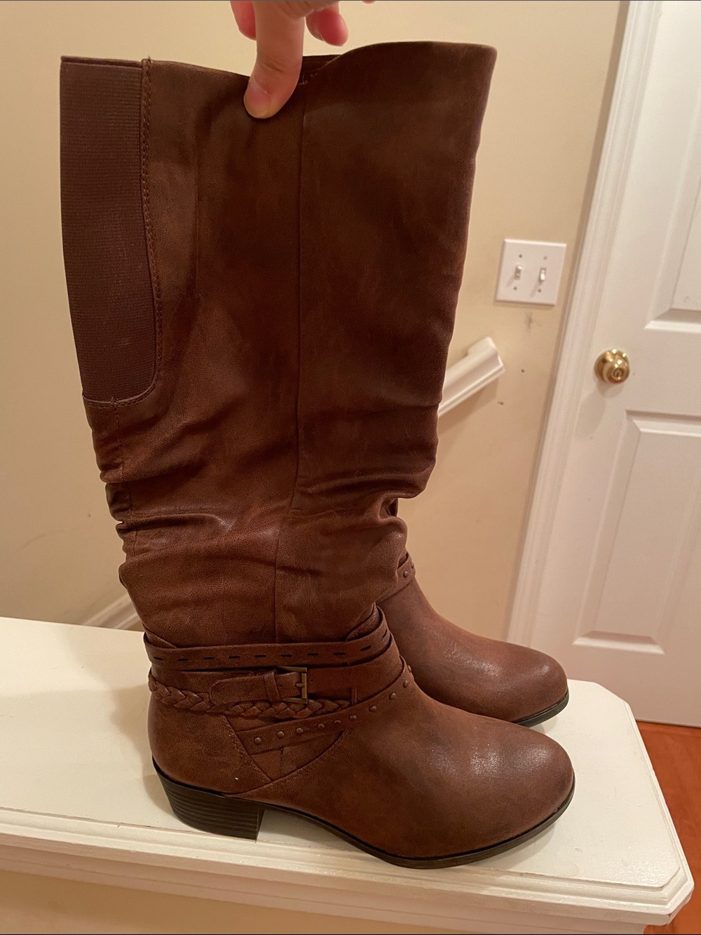 Brown Slouchy Mid-Calf Riding Boots with Braided Strap NWT